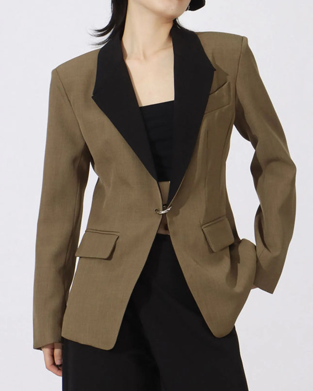 Contrast Lapel Collar Long Sleeve Blazer Khaki Green