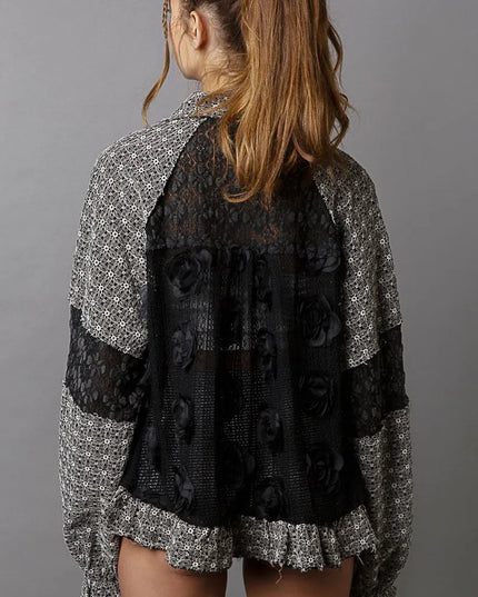 POL Eyelet Flower Pearl Detail Lace Patchwork Shirt 