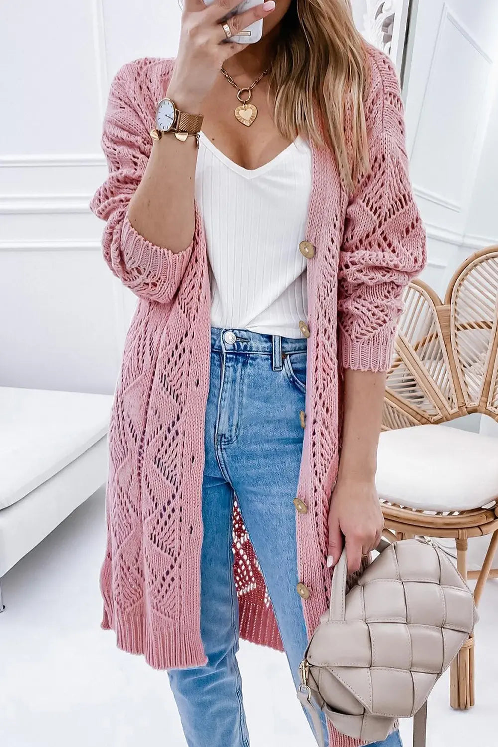 V-Neck Long Sleeve Cardigan Dusty Pink