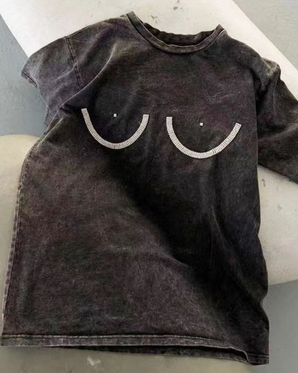 Rhinestone Round Neck Washed T-Shirt 