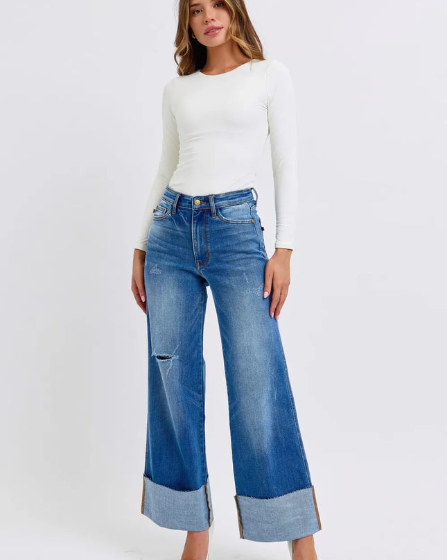 Judy Blue Full Size Distressed High Waist Wide Leg Jeans