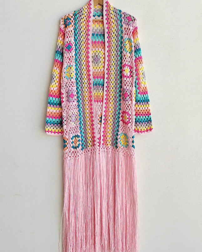 Fringe Tied Long Sleeve Cardigan Blush Pink