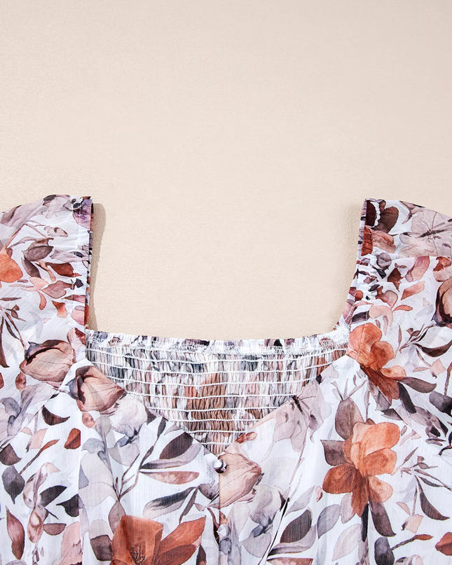 Floral Print Sweetheart Neck Long Sleeve High Waist Mini Dress