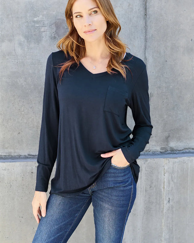 Basic Bae Full Size V-Neck Long Sleeve Top Dark Blue