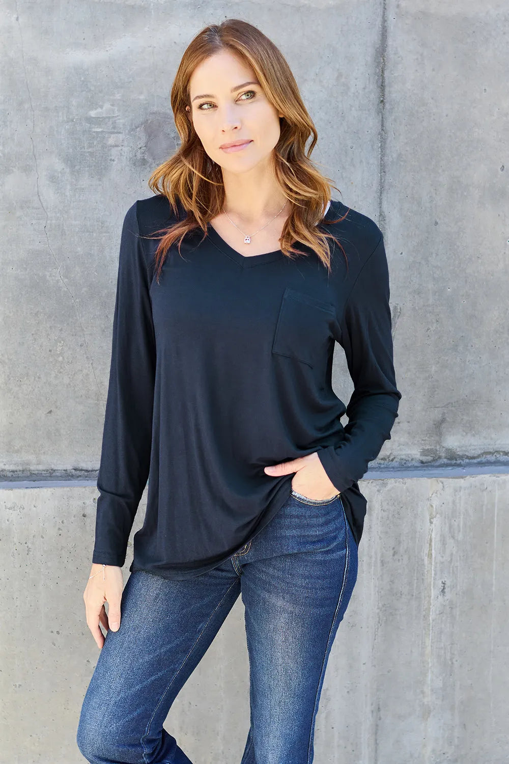 Basic Bae Full Size V-Neck Long Sleeve Top Dark Blue