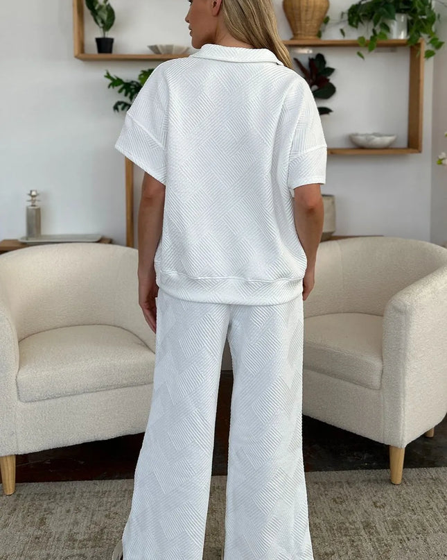 Double Take Full Size Texture Half Zip Short Sleeve Top and Pants Set