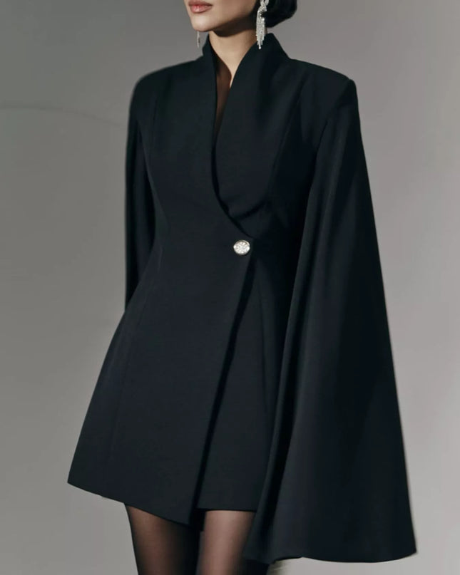 One Button Fitted Mini Blazer Dress with Cape Sleeves