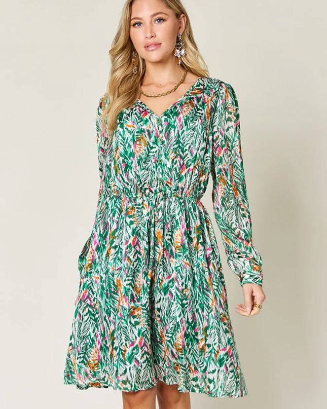 Double Take Full Size Printed Drawstring Waist Long Sleeve Dress Turquoise