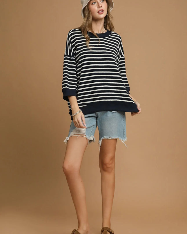 Umgee Ribbed Hem Striped Oversized Knit Top
