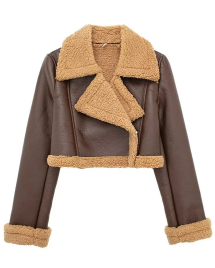 Collared Neck Long Sleeve Plush Cropped Jacket Brown