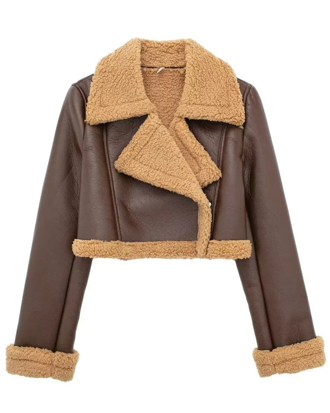 Collared Neck Long Sleeve Plush Cropped Jacket Brown