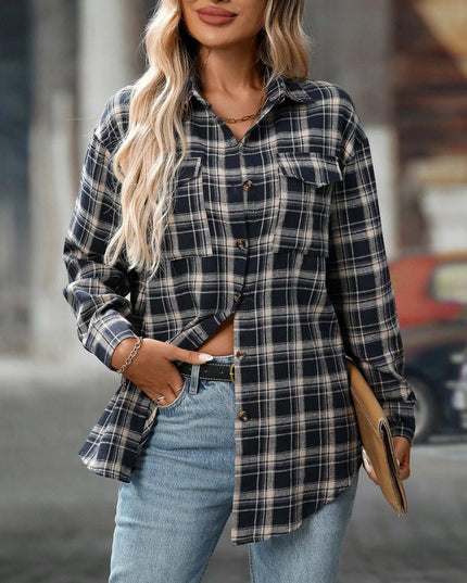 Plaid Button-Down Oversized Shirt Navy Blue
