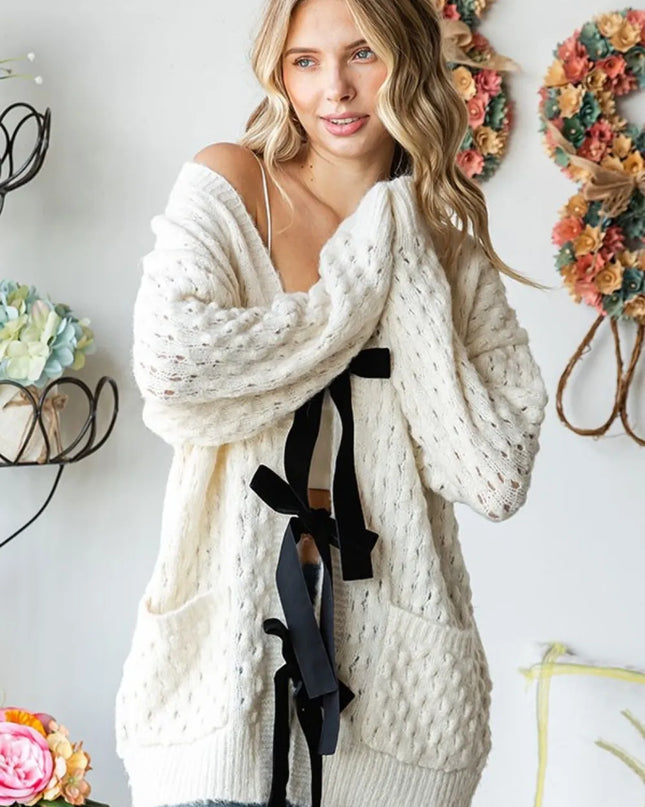 First Love Tie Closure Open Knit Cardigan