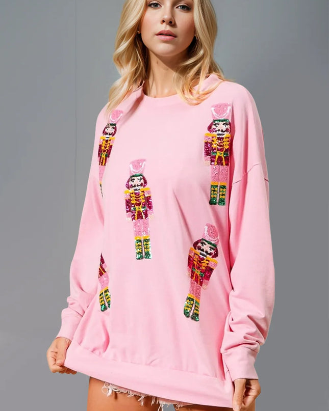 Double Take Sequin Nutcracker Round Neck Long Sleeve Sweatshirt Pink