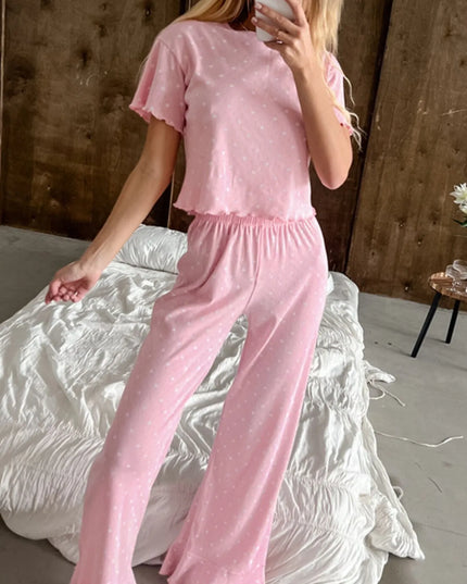 Polka Dot Round Neck Top and Pants Lounge Set