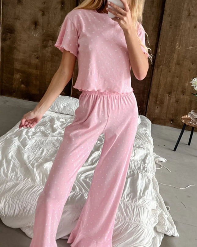 Polka Dot Round Neck Top and Pants Lounge Set