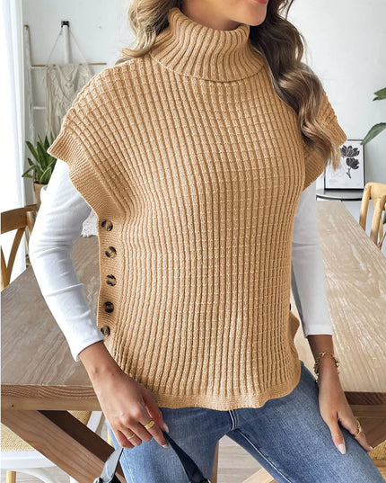 Turtleneck Side Decor Button Sweater Vest Beige One Size