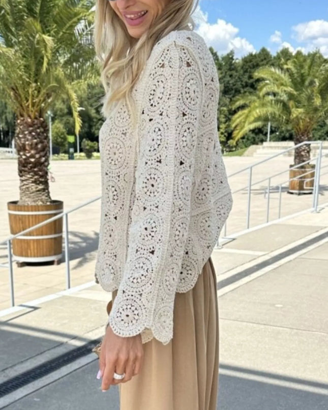 Crochet Lace V-Neck Bell Sleeve Knit Top