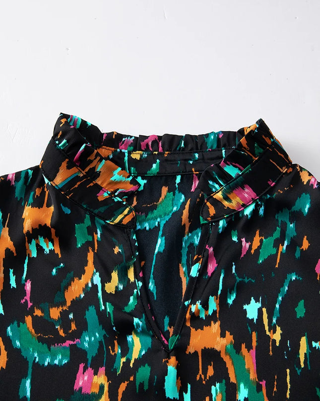Abstract Print 3/4 Sleeve Ruffle Blouse
