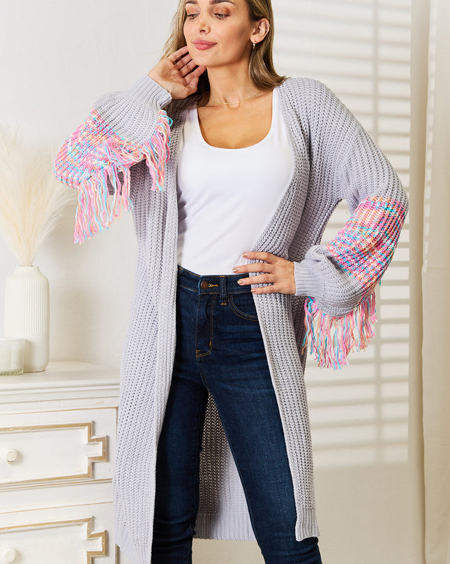 Woven Right Fringe Sleeve Dropped Shoulder Cardigan Cloudy Blue