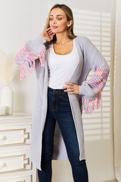Woven Right Fringe Sleeve Dropped Shoulder Cardigan Cloudy Blue