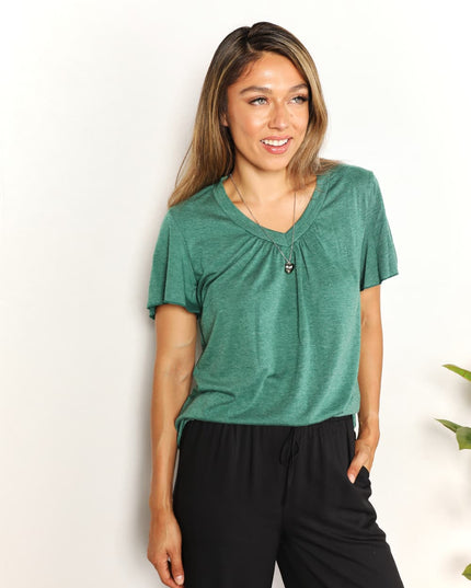 Double Take Ruched V-Neck Short Sleeve T-Shirt