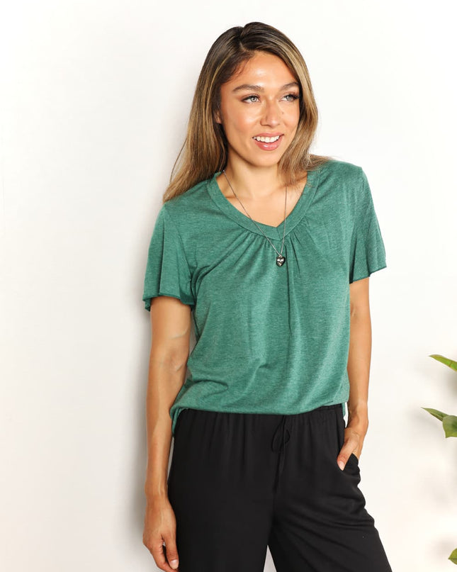 Double Take Ruched V-Neck Short Sleeve T-Shirt