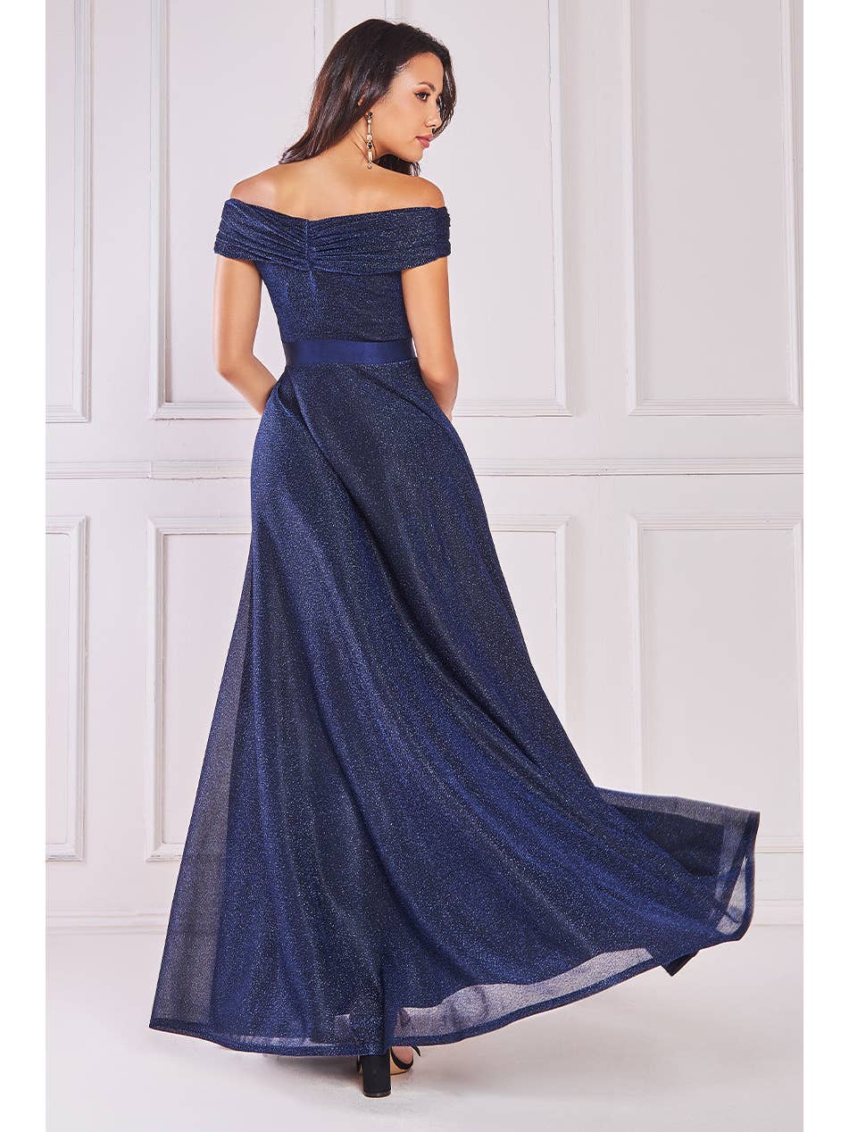 Goddiva Bardot Pleated Skirt Maxi Dress DR3859