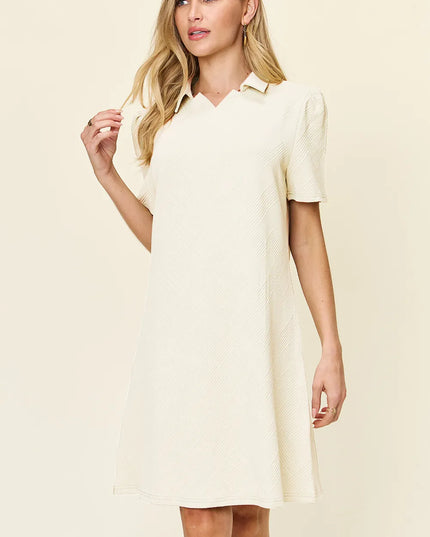 Double Take Full Size Texture Collared Neck Short Sleeve Dress Cream