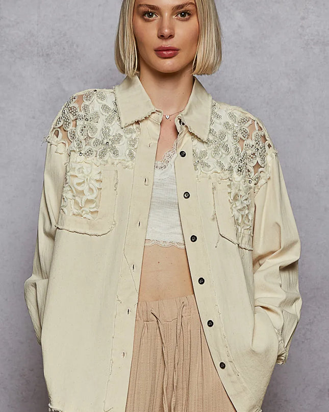 POL Button Down Raw Edg Shirt with Pearl Lace Patch