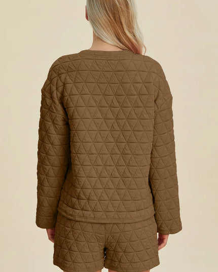 Double Take Full Size Texture Round Neck Long Sleeve Top and Shorts Set