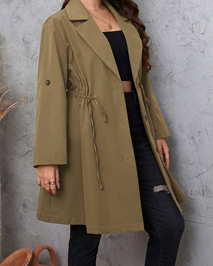 Honey Plus Size Lapel Collar Drawstring Roll-Tab Sleeve Trench Coat