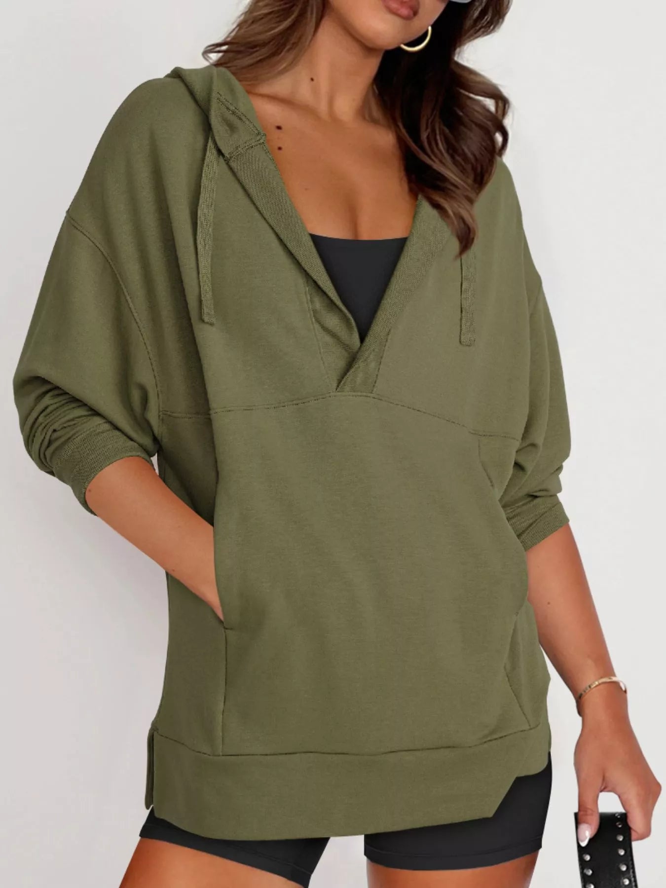 Drawstring Kangaroo Pocket Long Sleeve Hoodie Moss