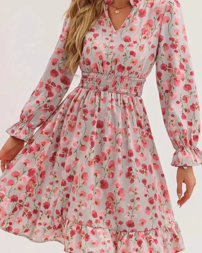 Floral Print Flounce Sleeve Ruffle Hem Dress