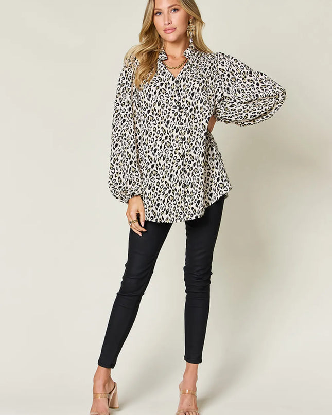 Double Take Full Size Leopard Long Sleeve Blouse