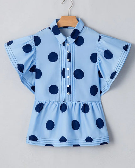 Polka Dot Print Ruffled Short Sleeve Buttoned Collared Blouse