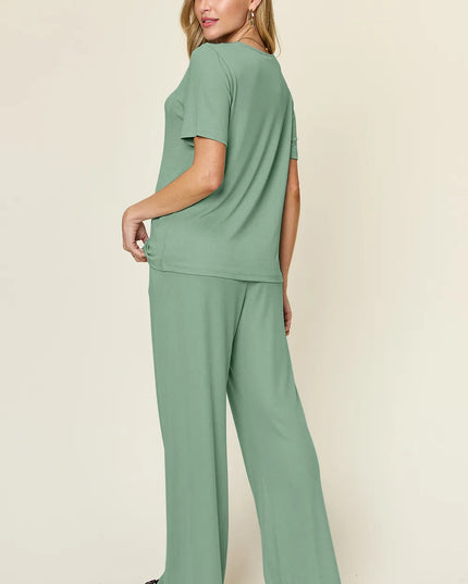 Double Take Full Size Round Neck Short Sleeve T-Shirt and Wide Leg Pants Set