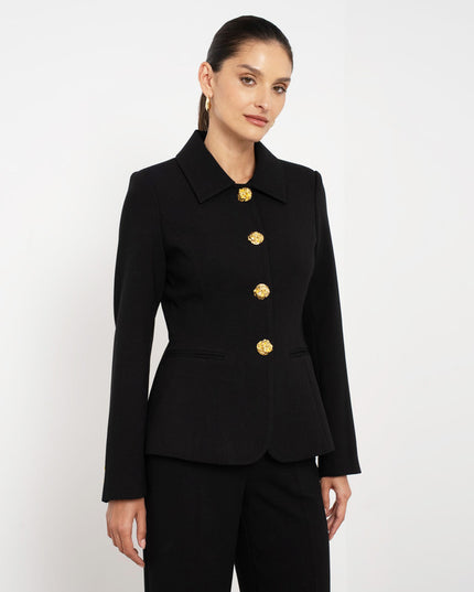 Embossed Button Tailored Blazer With Collar Black