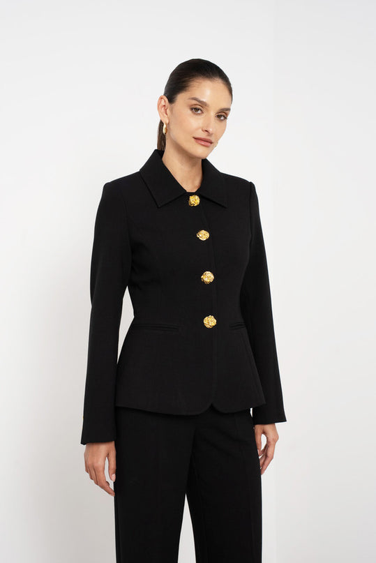 Embossed Button Tailored Blazer With Collar Black