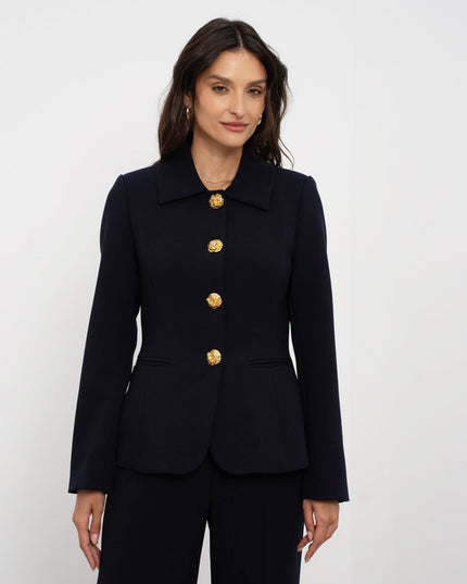 Embossed Button Tailored Blazer With Collar Navy