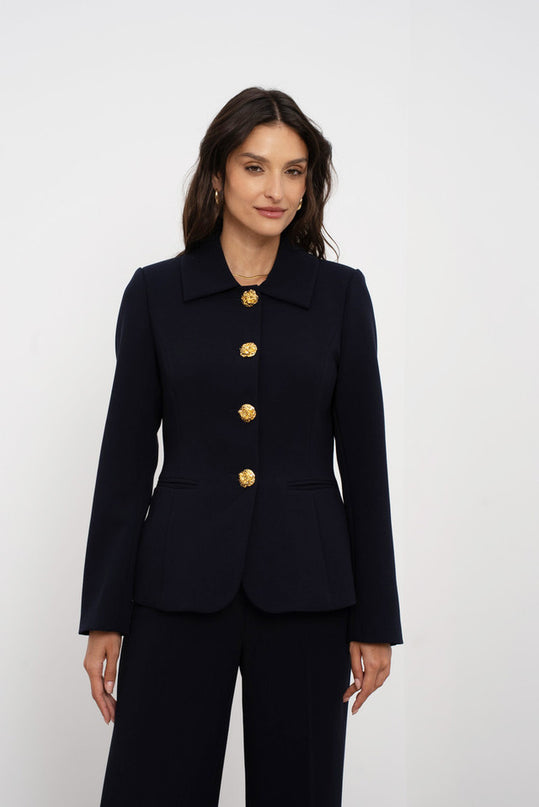 Embossed Button Tailored Blazer With Collar Navy