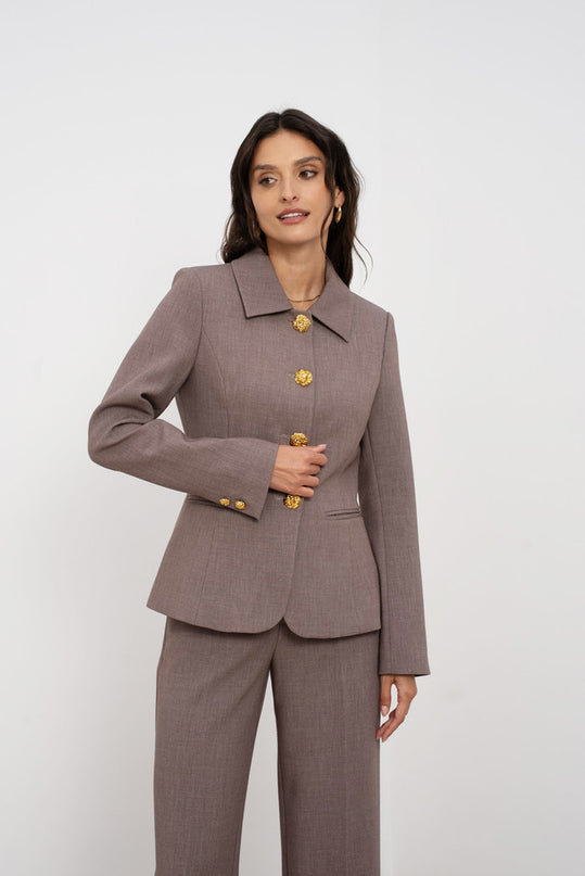 Embossed Button Tailored Blazer With Collar Taupe