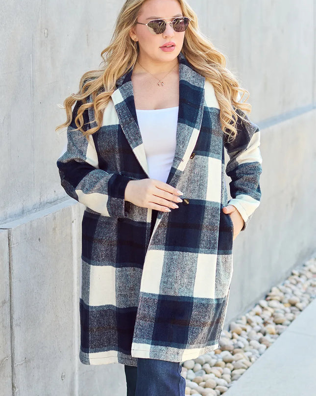 Double Take Full Size Plaid Button Up Lapel Collar Coat