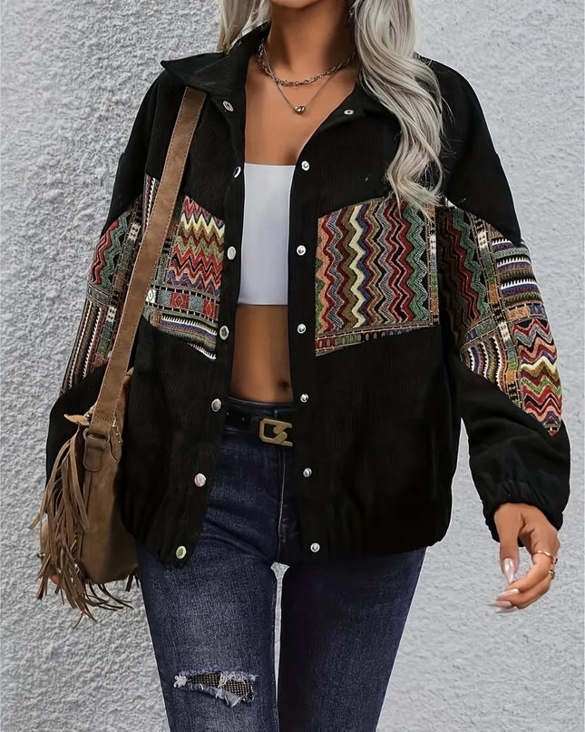 Embroidered Collared Neck Snap Down Jacket