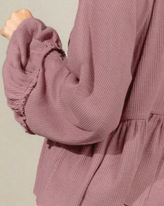 Notched Balloon Sleeve Peplum Blouse