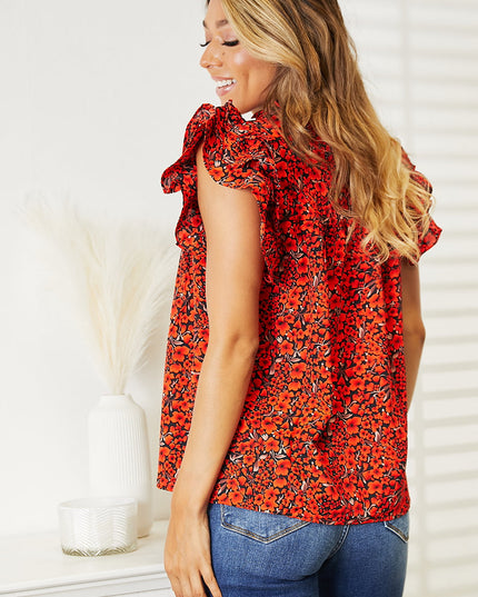 Double Take Floral Flutter Sleeve Notched Neck Blouse