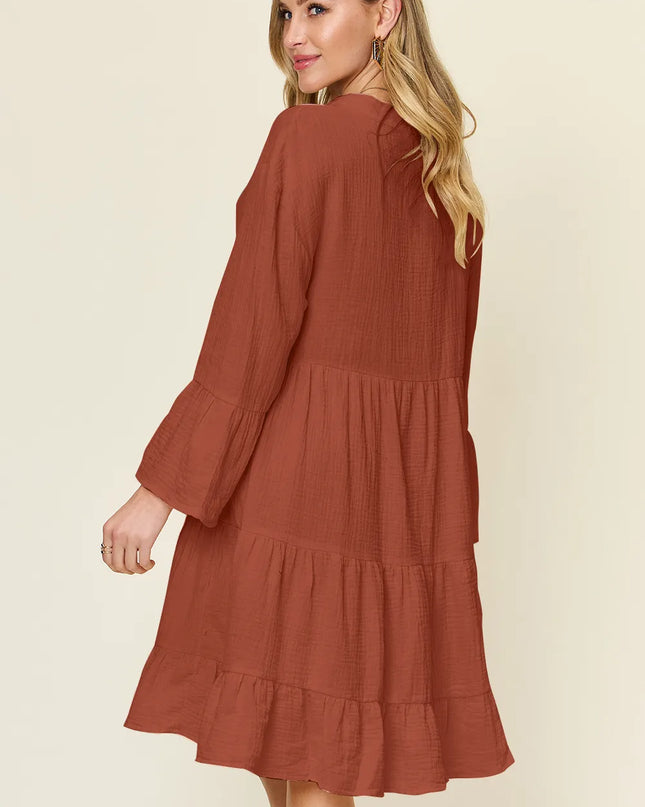 Double Take Full Size Texture Button Up Ruffle Hem Dress