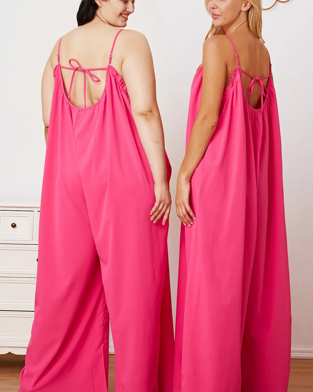 Double Take Full Size Ruffle Trim Tie Back Cami Jumpsuit with Pockets