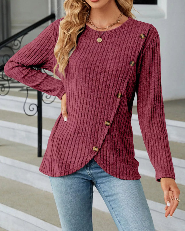 Ribbed Knit Decor Button T-Shirt