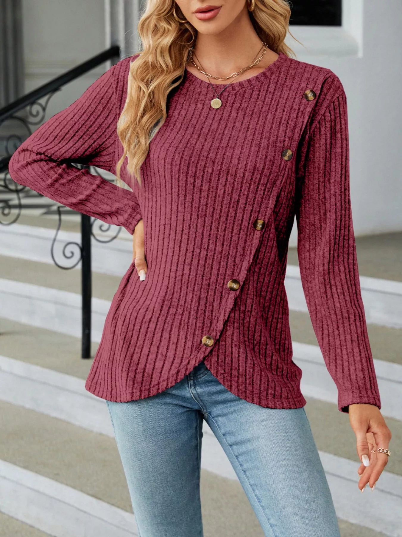 Ribbed Knit Decor Button T-Shirt
